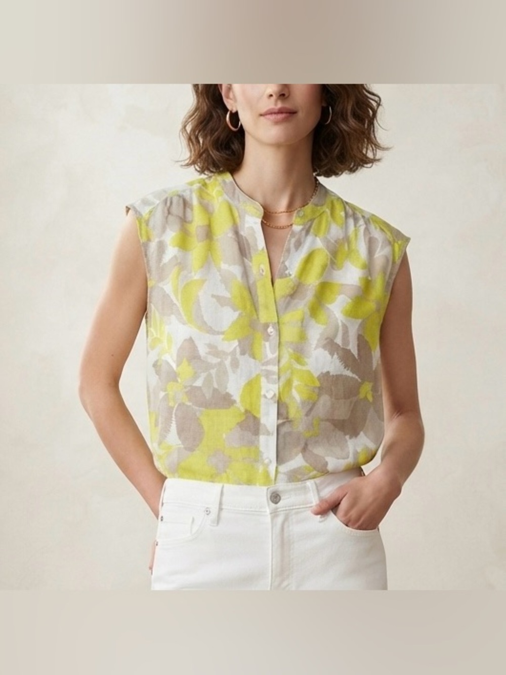 Calvin Klein Linen Blend Sleeveless Blouse Yellow Floral Button Up Top Size M